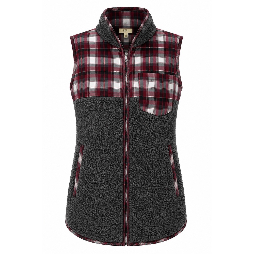 Kori America Women's Small Sherpa Fleece Vest Burgundy Gray Plaid Full Zip
